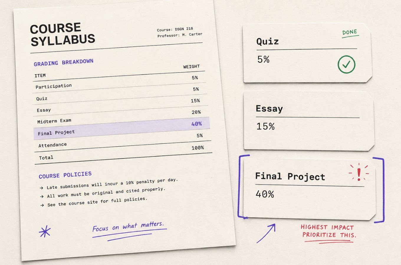 Printed syllabus showing assignments with different grade weights, with a 40% project highlighted.