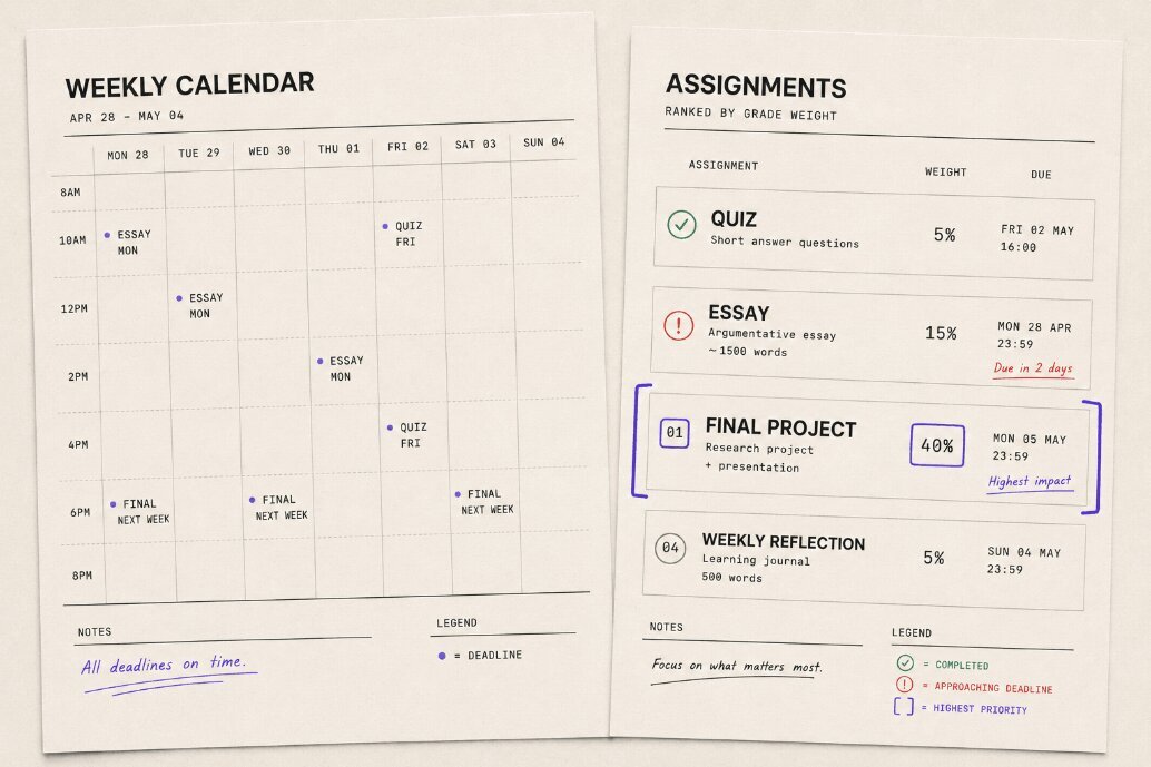 Thumbnail alt description: Calendar and assignment list comparing due dates with grade weights, highlighting a 40% final.