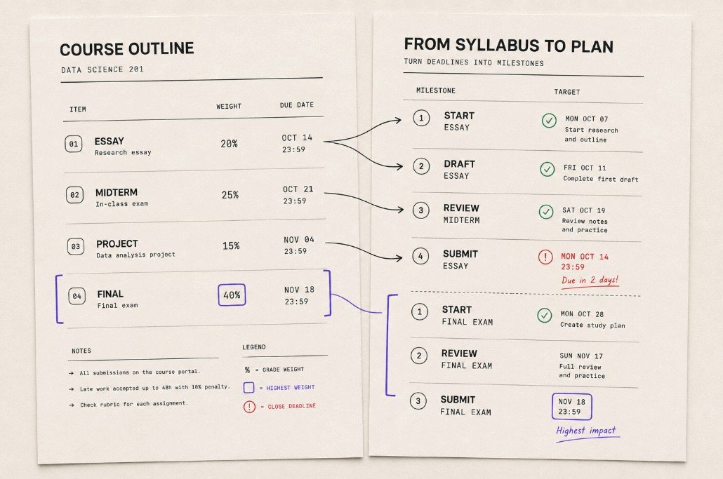 Printed syllabus transformed into a project plan with deadlines, milestones, and grade weights.